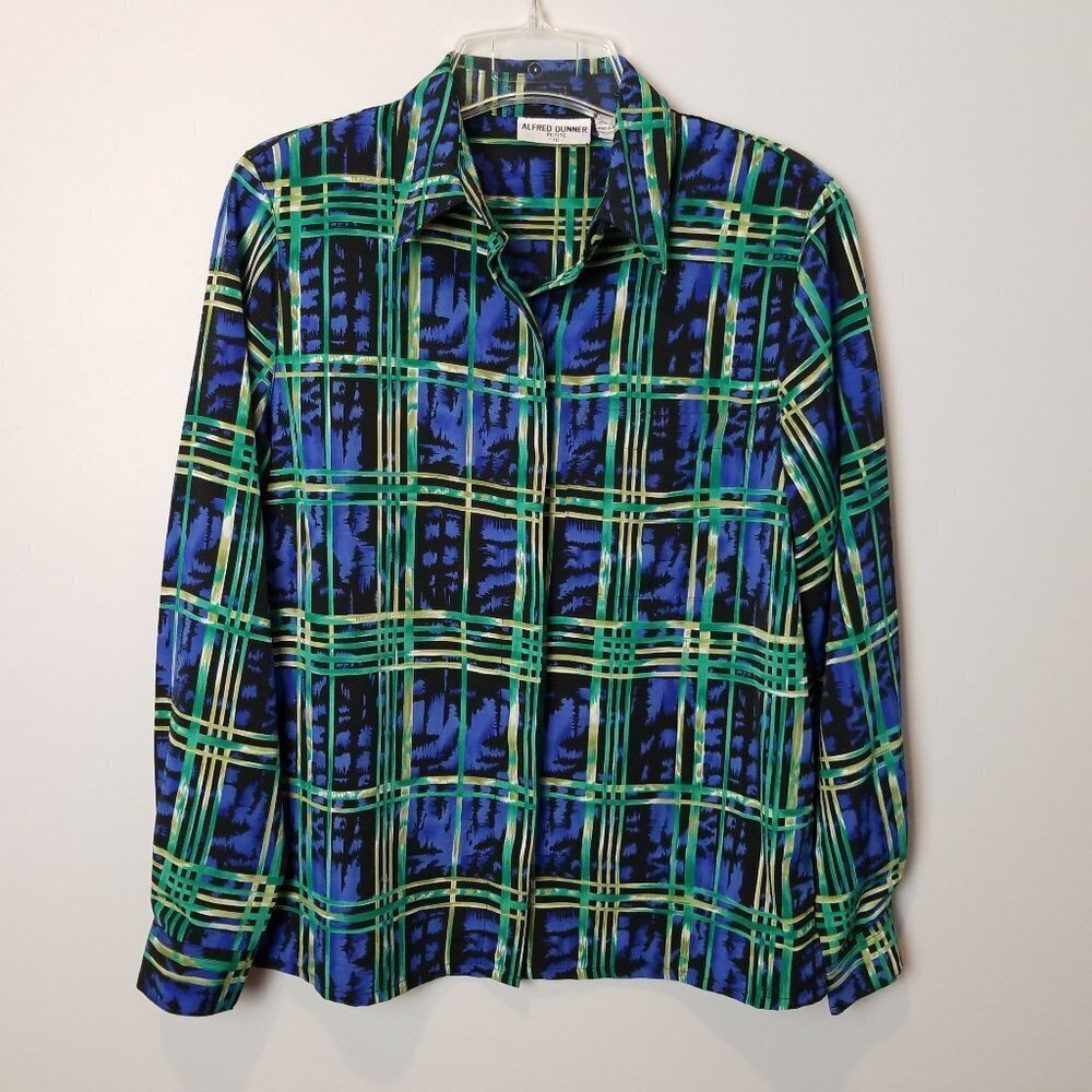 Alfred Dunner button down artsy blouse green blue P10